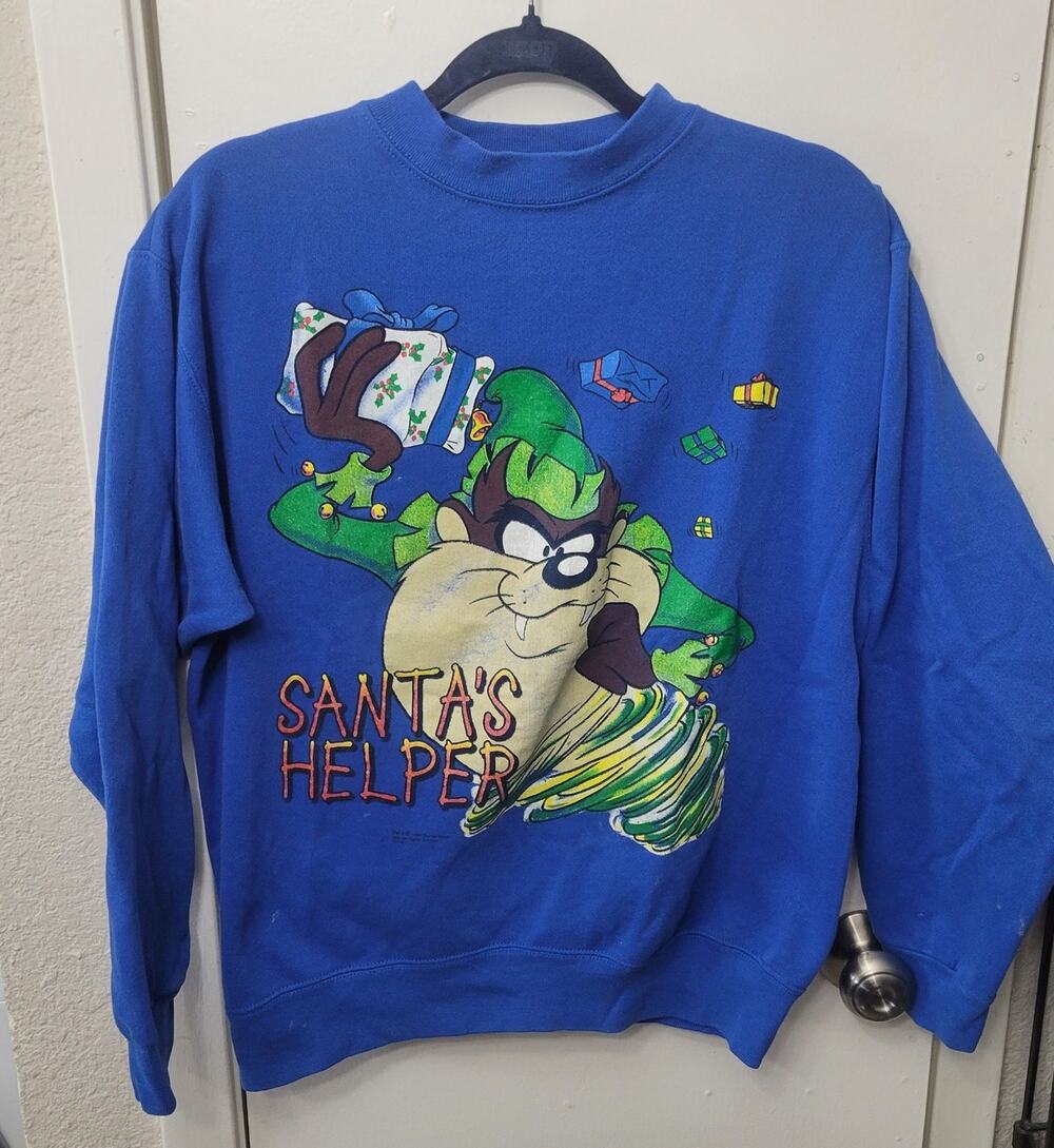 Vtg 1994 Looney Tunes Taz Santa's Helper holiday graphic pullover sweatshirt LG